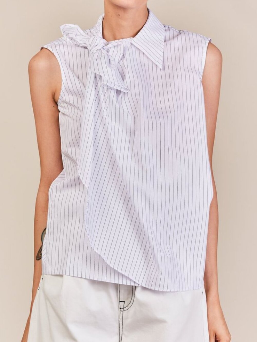 MM6 White Pinstripe Cotton-Poplin Asymmetrical Wrap Sleeveless Shirt